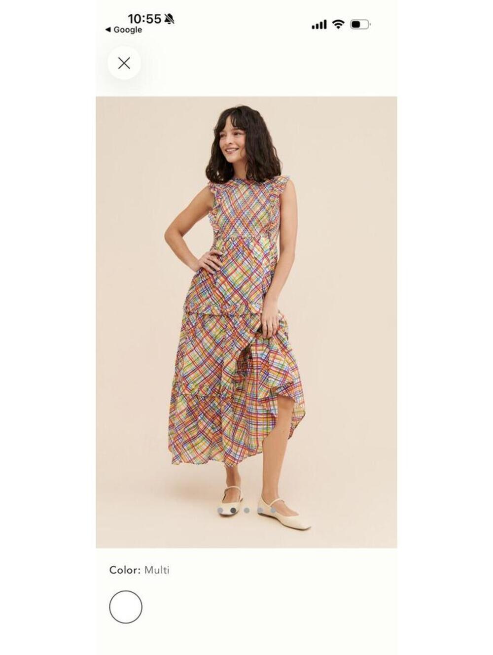BANJANAN Cotton Multicolor Plaid Ruffle Midi Dress XS